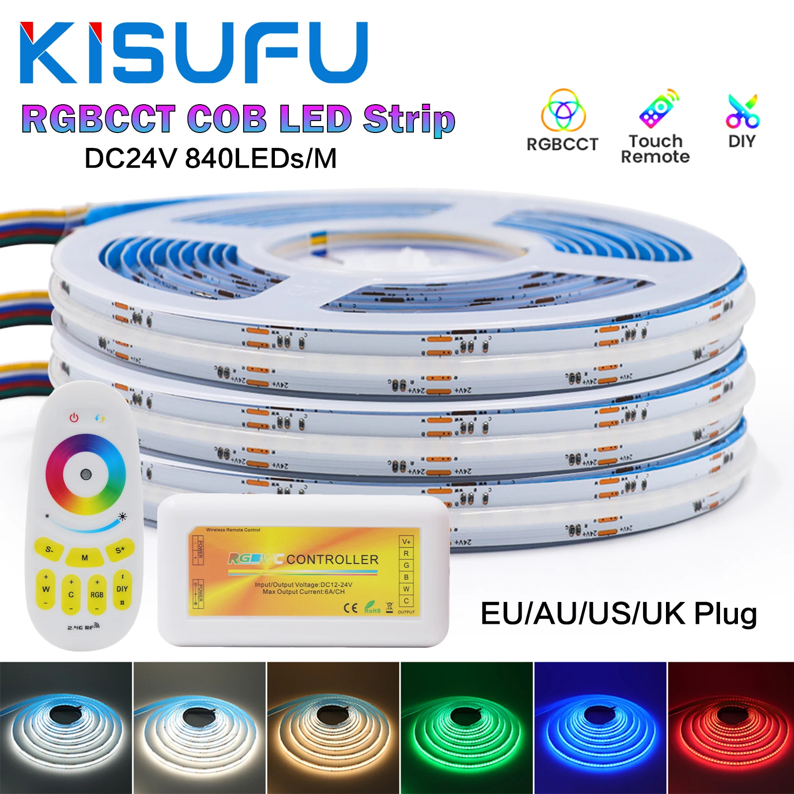 

DC 24V RGBCCT COB LED Strip 840LEDs/M EU US UK AU Plug With Remote RGB CCT Dotless Flexible FCOB LED Tape Ribbon Lamp Room Decor