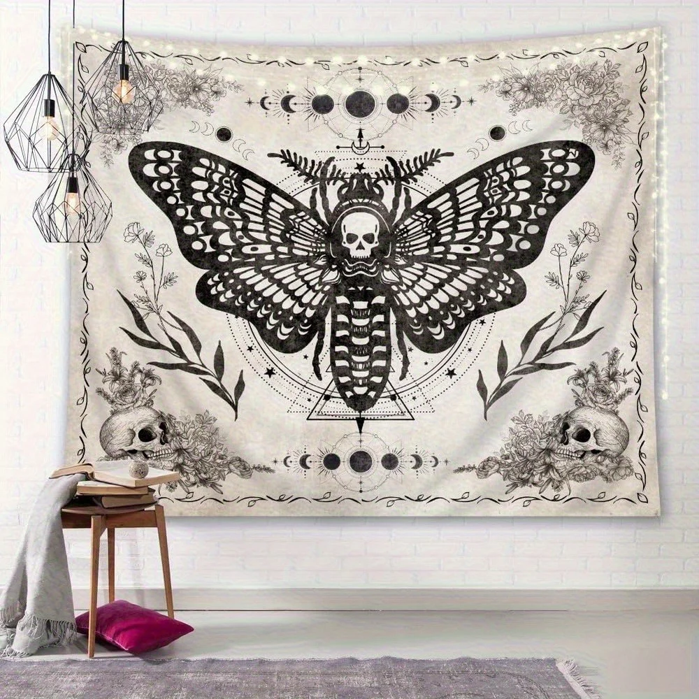 Large Gothic Moth Tapestry Wall Hanging  Black & Beige Bohemian Peachskin Fabric With Skulls Crescent Moon Floral & Moth Phases