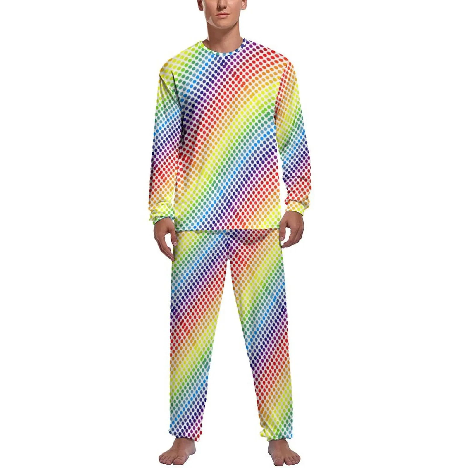 Colorful Polka Dot Pajamas Autumn 2 Pieces Abstract Rainbow Cute Pajama Sets Men Long Sleeves Sleep Design Sleepwear