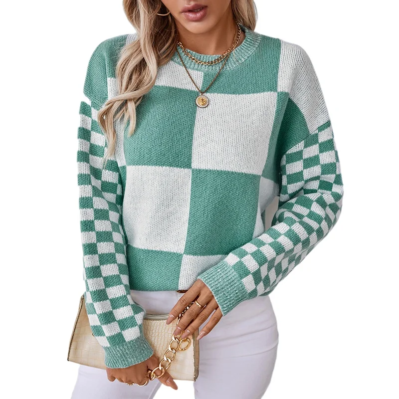 

Женский вязаный свитер в контрастную клетку для осени и зимы, универсальный модный топ для женщин.