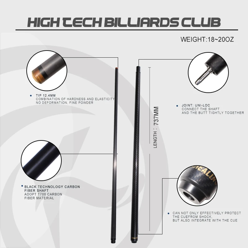 1/2 T700 Carbon Fiber Billiard Cue 12.4mm Pool Cue Stick 18-20OZ Pool Cue