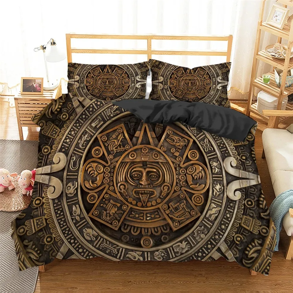 The Ancient Aztec Calendar Print Bedding Set Mayan Culture Duvet Cover Set With Pillowcase Polyster Quilt Cover Queen Bed Set