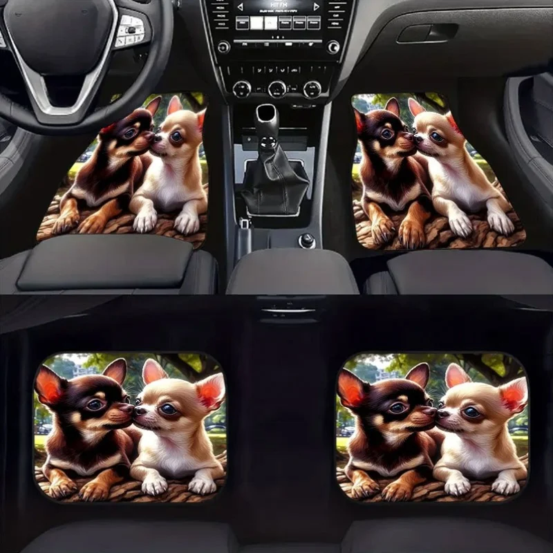 Set Of Four Car Floor Mats Featuring A Chihuahua Design, Made Of Crystal Velvet With Anti-Slip Properties, Universally Fitting,