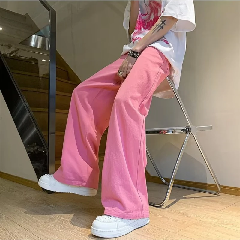 Pink Jeans Men Summer Vintage Simple Solid Color All-match Baggy Wide Leg Trouser Cozy High Street Harajuku Korean Style Clothes