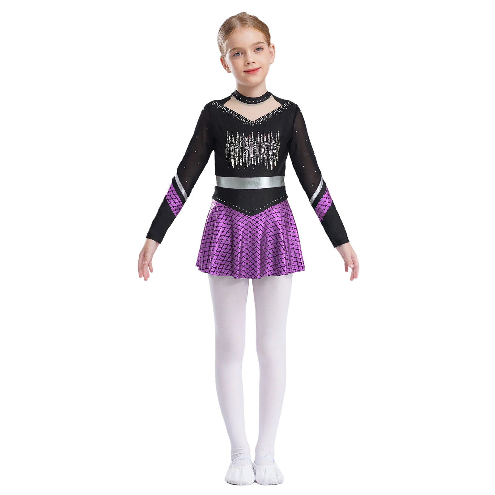 Kids Girls Cheerleading Dance Uniform Mermaid Cosplay Costumes Shiny Rhinestones Metallic Fish Scales Figure Skating Dresses New