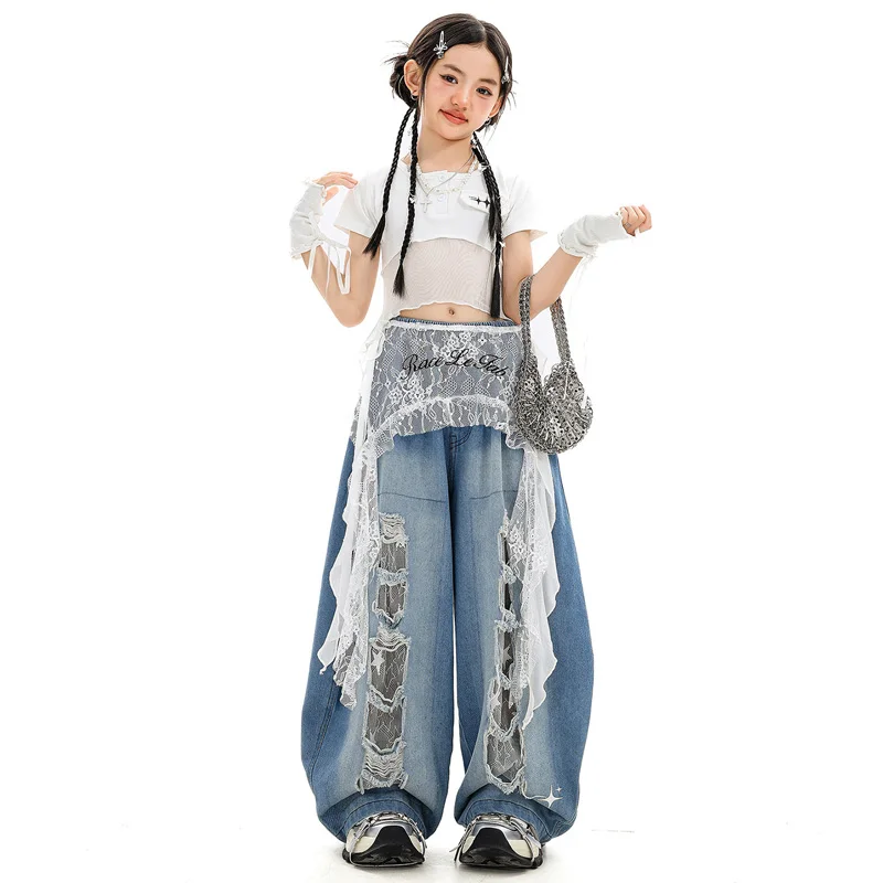 Koreanische Jazz Dance Band Cropped Top Straße Sheer Patchwork Kurzarm T Denim Hosen für Mädchen Kind Hip Hop Dance Tragen Kostüm