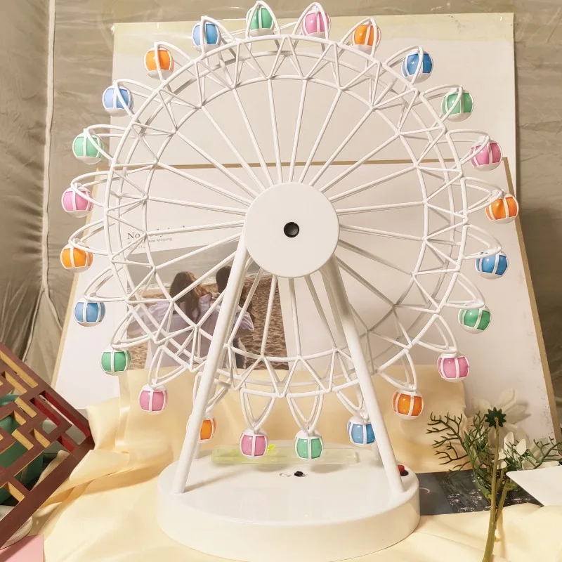 Electric Rotating Ferris Wheel Model Rechargeable LED Lighting Metal Craft Home Desktop Decor Ornament