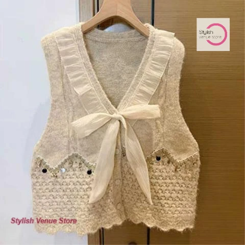 

French ballet style ruffled bow tie knit vest women spring and autumn new fashion tassels stacked short casual sleeveless tops.
