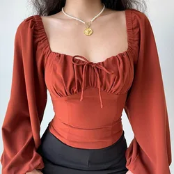 Spicy Low-cut Sexy Shirts Women Summer Crop Tops Draw String Long Sleeve Top Shirt Blouses Square Collar Shirt Female Blusas