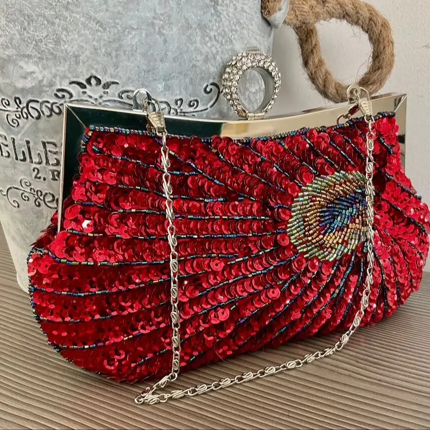 Lost in Vinatge Red Evening Bag with Glitzy Turquoise Peacocks Beading Clutch with Antique Gold Hardware and Black Silky Bag