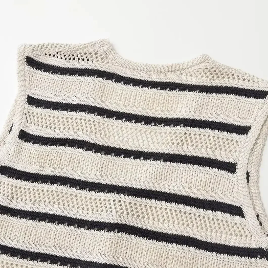 TRAF Striped Knit Short Tank Top Women Summer Sleeveless V Neck Button Pockets Decoration Sexy Highstreet Elastic Slim Top