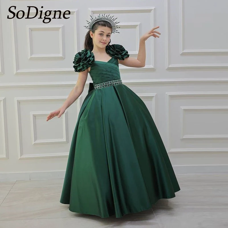 SoDigne A-line Satin Flower Girl Dress Sleeveless Crystal 3D Flower Skirt Girls Party Dresses 2025 Kid Gown with Bow Customized