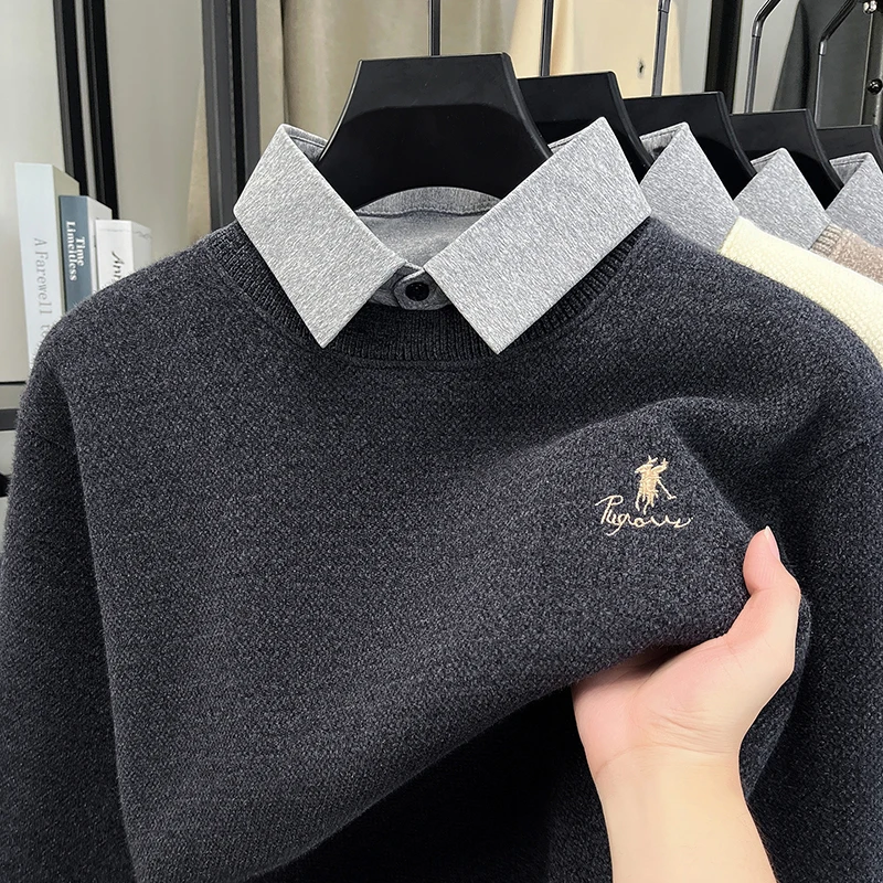 

High quality velvet warm shirt collar sweater men's winter fashion brand pony embroidery casual comfortable knitted pullover