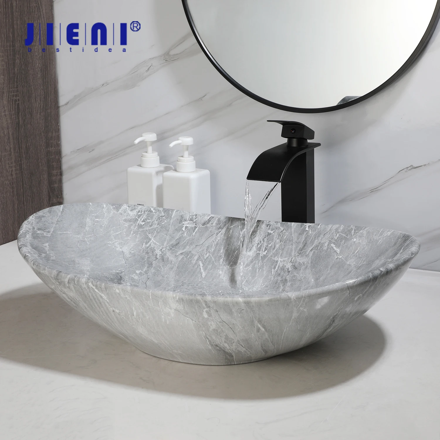 

JIENI European Style Bathroom Sink Set Ceramic Washbasin Black Waterfall Faucet Pop Up Drain Combo Oval Counter Top Sinks