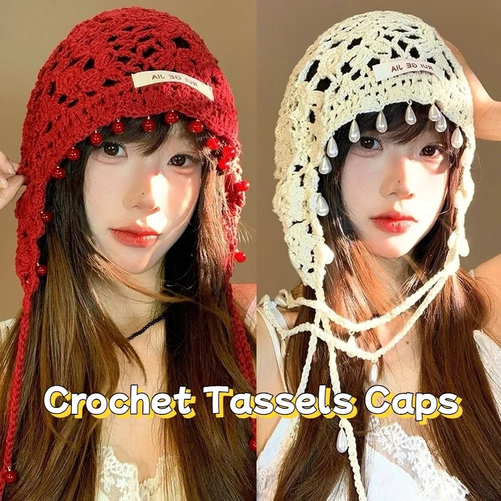 

Ethnic Handmade Crochet Tassels Cap Hollow Pearls Knitted Beanies Caps Y2k Sweet Weave Basin Hats Streetwear