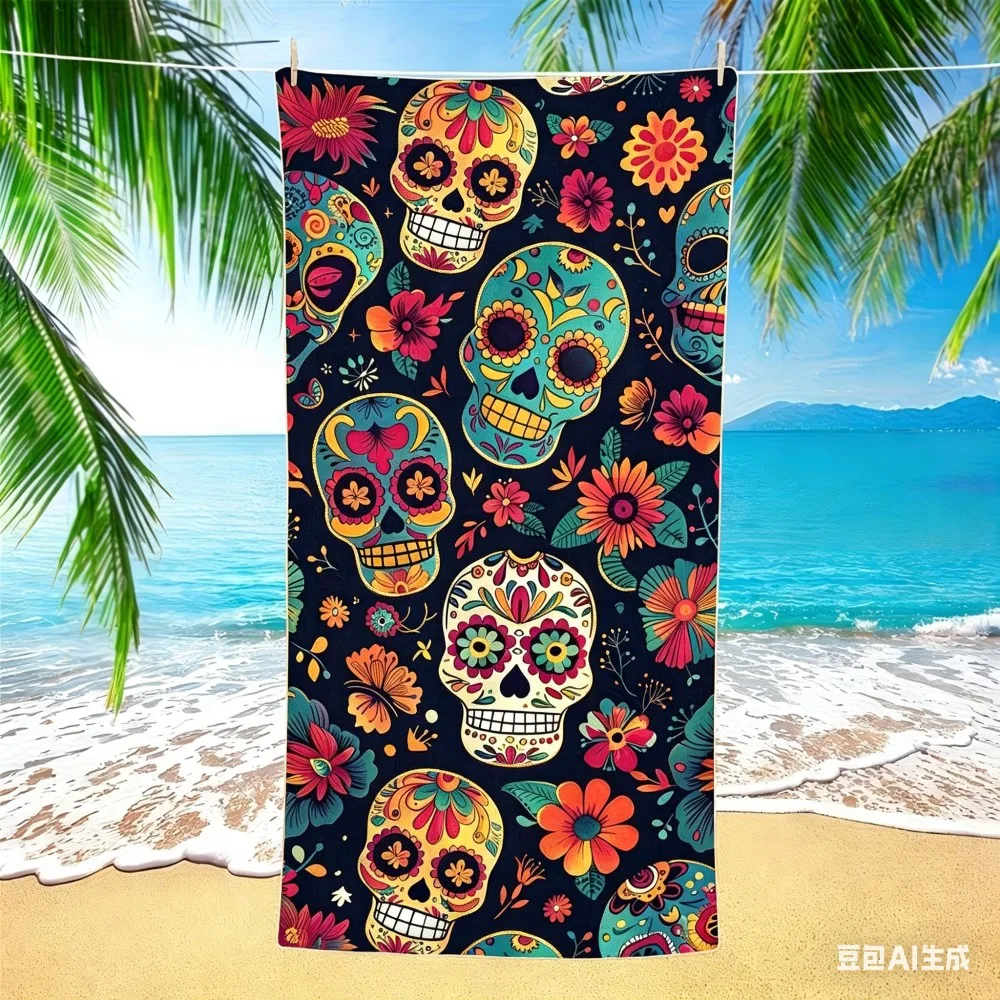 Sugar Skull Microfiber Beach Towel Day of the Dead Bath Towel Quick Dry Sand Free Swimming Blanket for Travel Seaside Pool