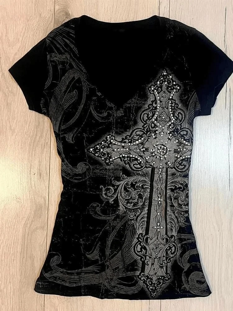 2025 Ropa Mujer Summer Tshirts for Women V-neck Short Sleeve Tunic Camisetas Pink Print Tees Crop Tops Casual Chic Y2k T-shirt