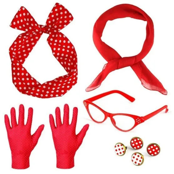 

1950's Costume Accessories For Women Retro Polka Dot Headband Necklace Chiffon Scarf Eyeglasses Earrings Set Girls Party Outfits