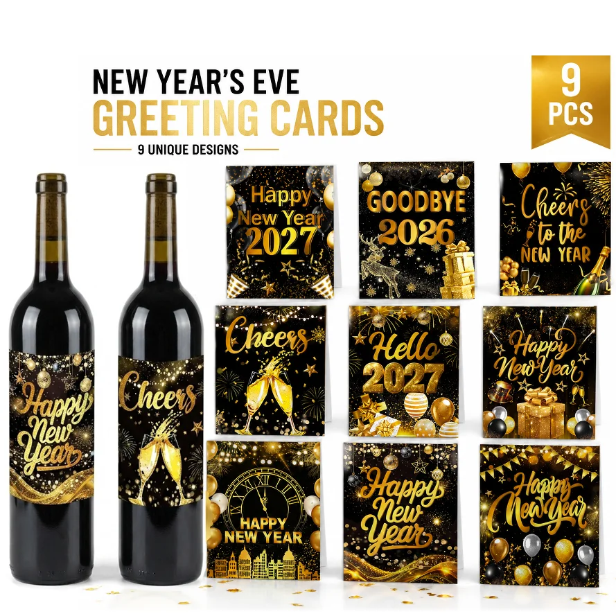 9Pcs Happy New Year Wine Bottle Labels Stickers 2027 New Year Eve Party Decor Black Gold Wine Bottle Wrap Sticker Party Supplies