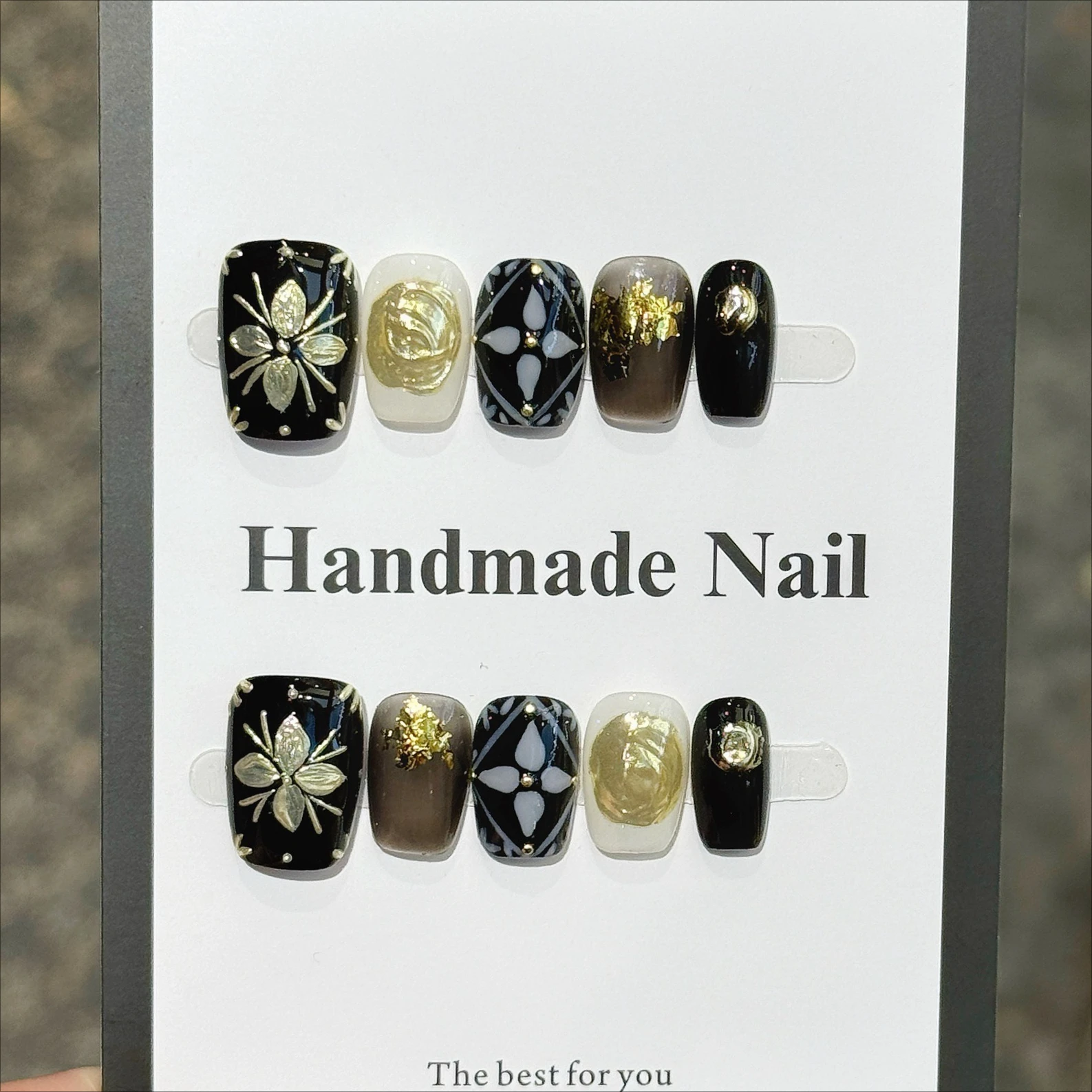 

10Pcs Golden Flower Square Handmade Press on Nails Winter Fake Nails Wearable Stick-on Nails False Nail 네일팁 Накладные Ногти Uñas