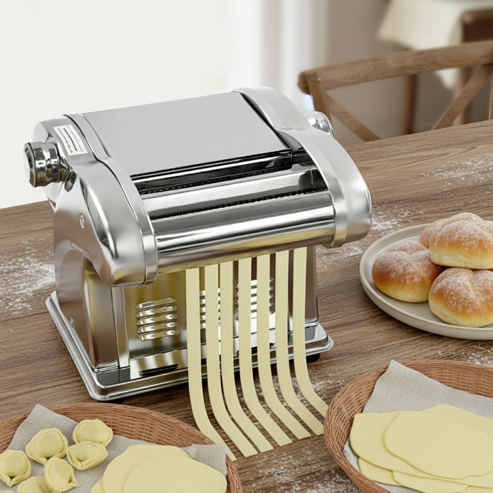 Electric Pasta Machine Stainless Steel Noodle Maker with 3 Blades 8-Level Thickness Adjustable 0.5-4mm Dough Presser 135W US Plug for Homemade Lasagna Spaghetti Dumpling Wrappers Kitchen Appliance view 5