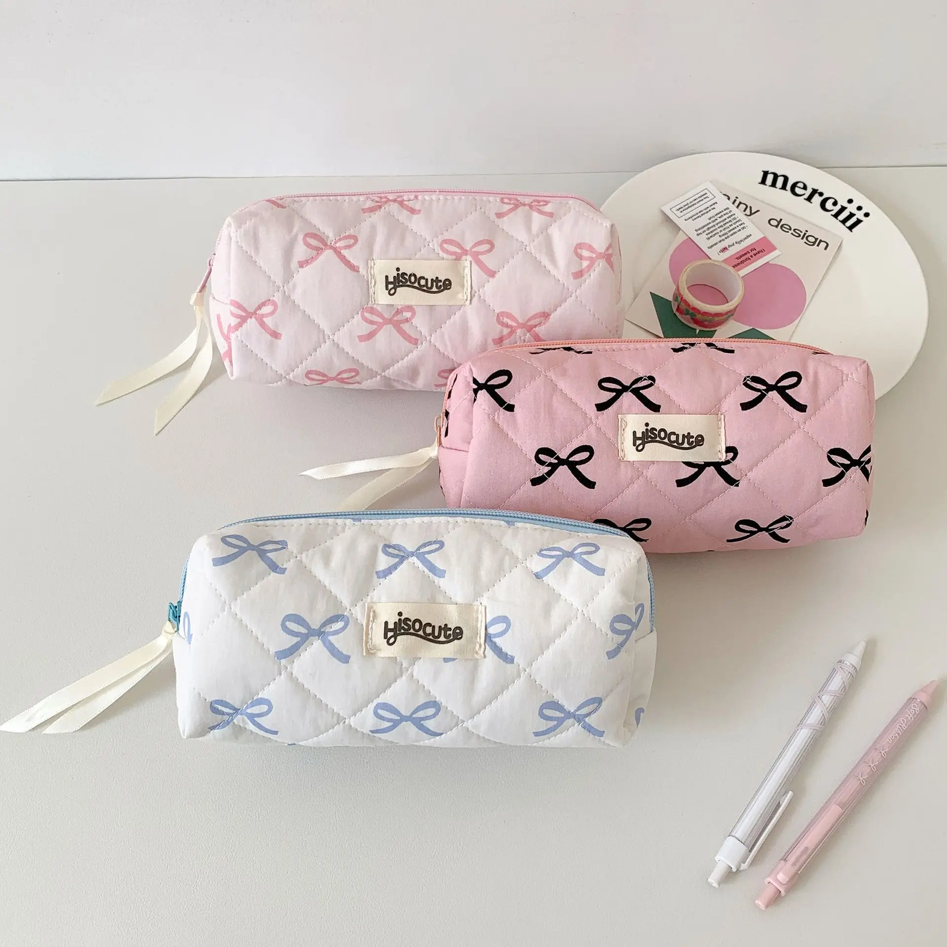 Bolsa de lápices de gran capacidad para niñas, estuche estético con lazo y cinta, organizador de papelería escolar, suministros escolares para estudiantes