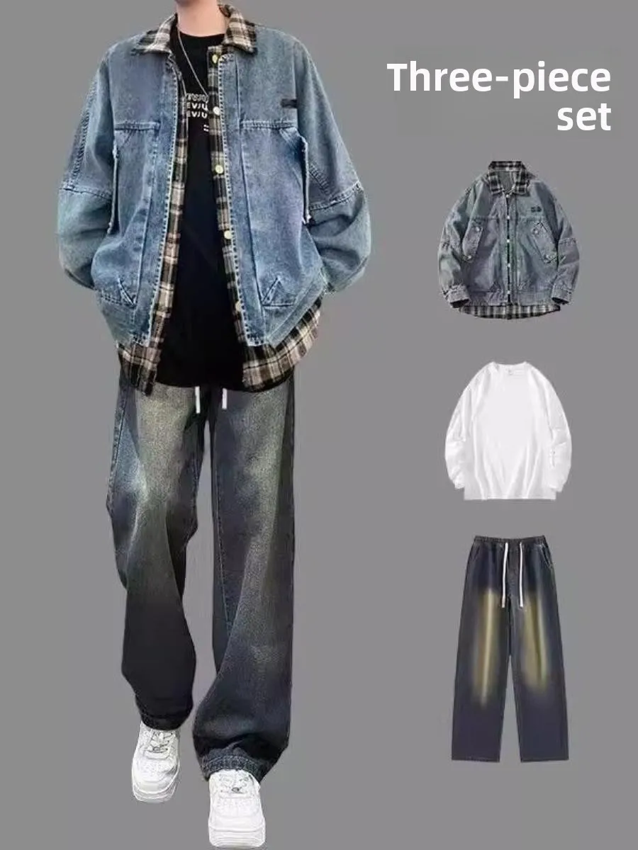American Retro Plaid Denim Jacket Men's Spring Autumn Set Casual Jacket Match Jeans Children's Travel Short Style Dig Bag