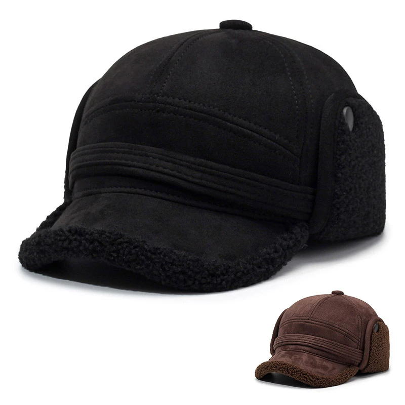 Men's Autumn Winter Baseball Cap Faux Leather Fleece Lined Dark Style 58cm with Ear Protection Warm Duckbill Hat Earflap