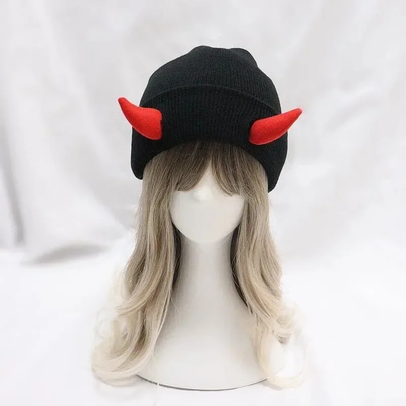 1-10PCS Autumn Winter Novelty Devil Horns Knit Beanie Warm Horned Cap Funny Hip Hop Halloween Punk Headwear for Men Women Unisex