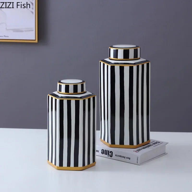 Ceramic Jar Geometric Black and White Stripes with Cover Storage Flower Vase Flower Arrangement Ceramic Crafts Home Decoration