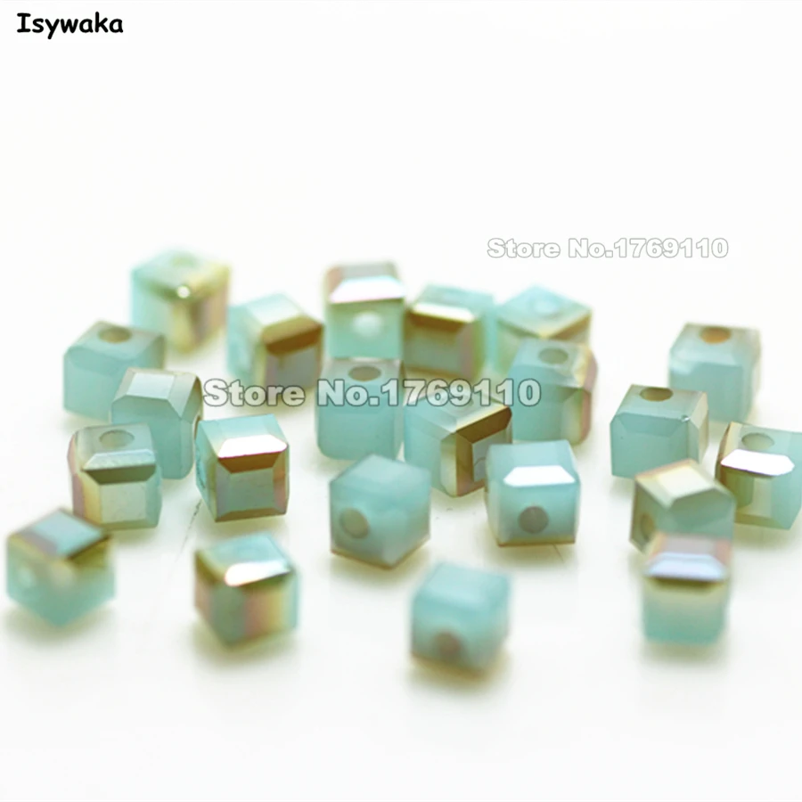 Isywaka 100pcs Cube 4mm Green Golden Color Square Austria Crystal Beads Glass Beads Loose Spacer Bead for DIY Jewelry Making