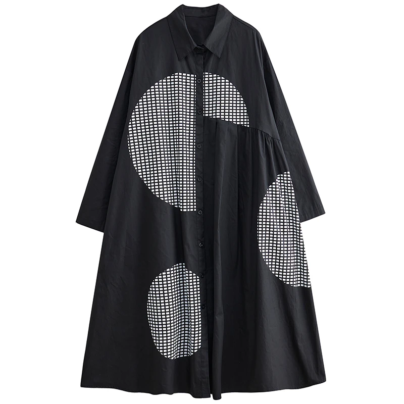 NYFS 루즈 플러스 사이즈 프린트 롱 드레스 봄 가을 2026 빈티지 긴 소매 여성 로브 셔츠 드레스