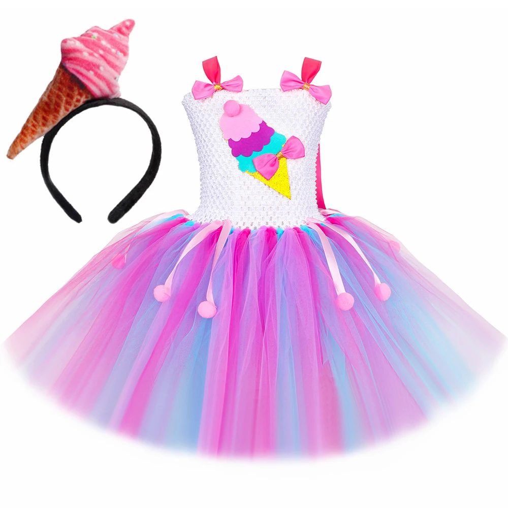 Ice Cream Cone Costume Girls Candyland Candy Theme Birthday Princess Tutu Dress Toddler Kids Festive Carnival Party Tulle Dress