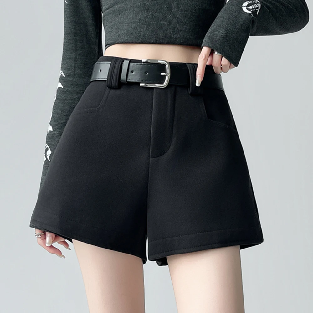 Novos shorts de lã para mulheres outono inverno olhar fino cintura alta calças de tecido de lã para outerwear inferior a linha calças de perna larga
