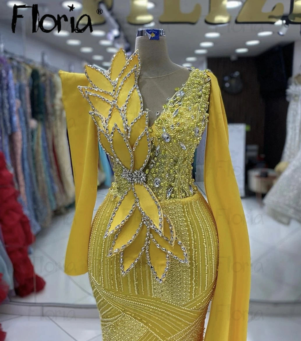 Abendkleider Yellow Evening Dress Long Cape Sleeve 3D Flower Leaf Shaped Wedding Guest Prom Gowns Formal Occasion Dress Custom