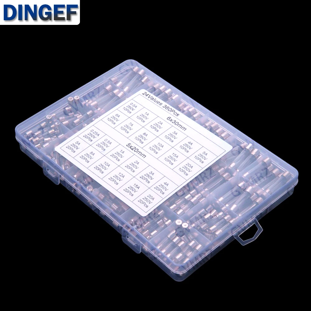 24Values 0.25A-20A 360PCS 5x20 6x30 Glass fuse kit 0.25A 0.5A 8A 10A 12A 15A 20A 250V 6A 7A 1A 2A 3A 4A 5A