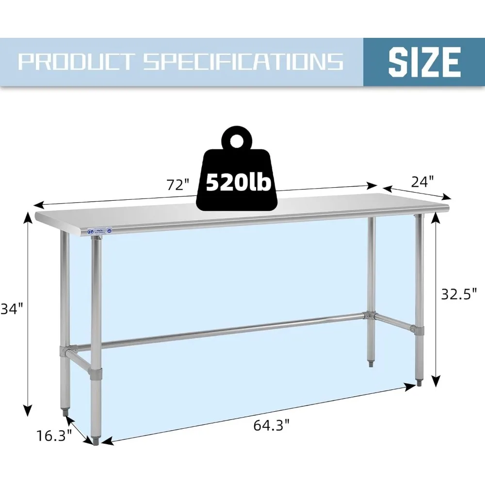 Open Base Stainless Steel Table  Commercial Heavy Duty Prep & Work Table with Galvanized Legs for Restaurant, Home and Hotel