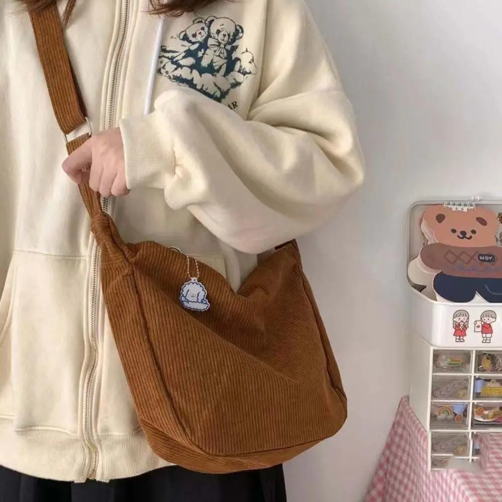 

Large Capacity Corduroy Shoulder Bag Korean Style Handbag Solid Color Shoulder Bag Tote Bag Cotton Cloth Handbag with Pendant