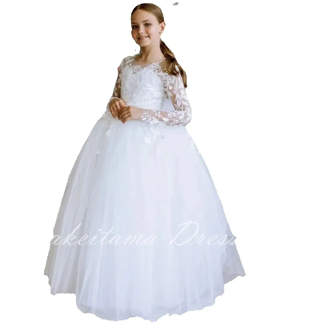 Robe de demoiselle d'honneur en dentelle blanche pour mariage, tulle, longueur au sol, manches longues bouffantes, robe d'anniversaire princesse pour enfants, robe de première communion