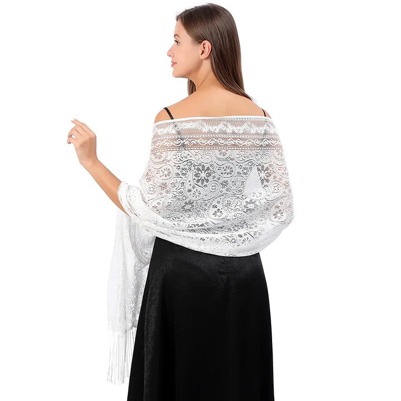 Kobiety Solid Party wieczór koronkowy szal szalik Hollow kwiat zrobiony na szydełku Tassel szaliki okłady elegancki frędzlami Mesh przędza Wedding Cape