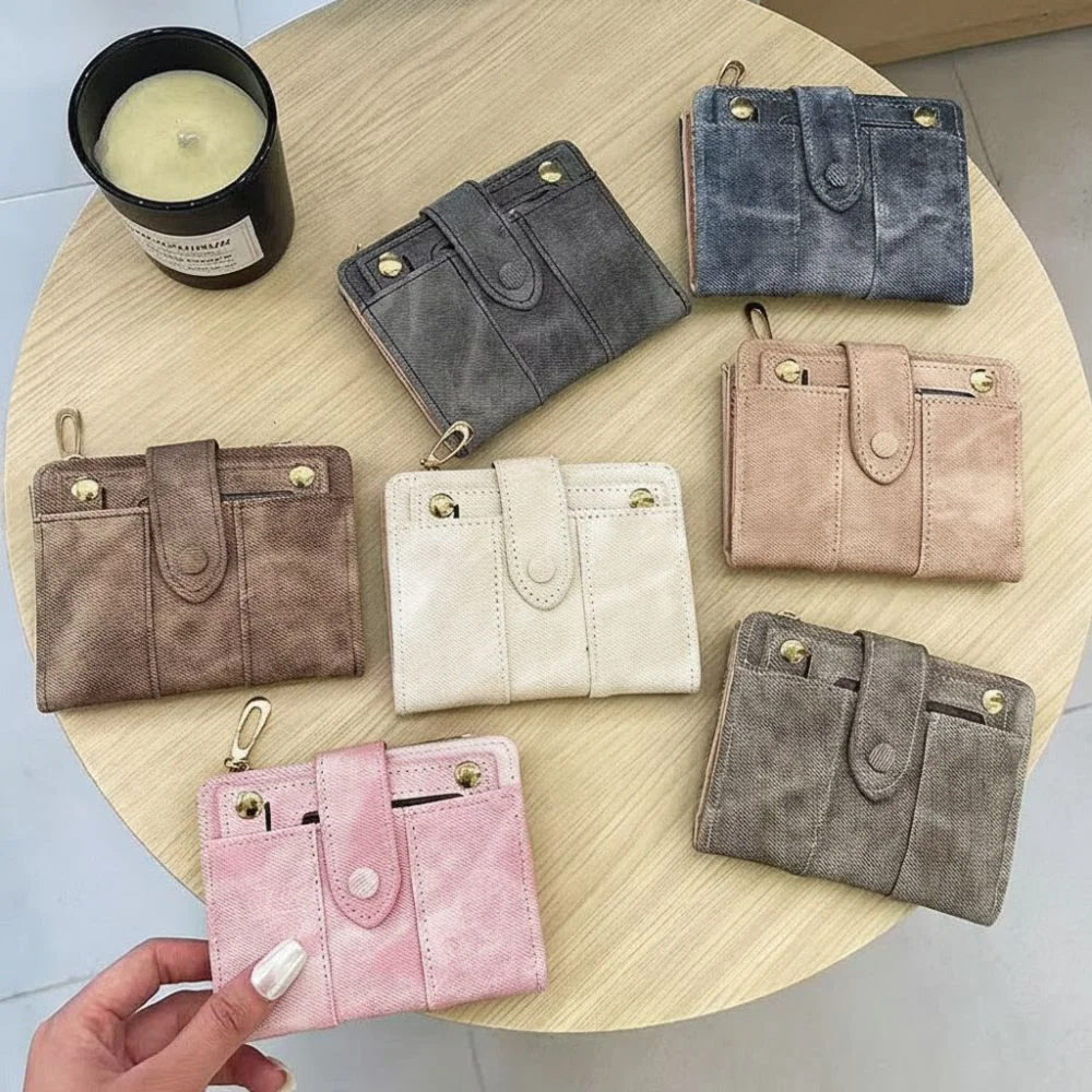 New PU Leather Bifold Wallet Snap Closure Zipper Pocket Card Holder Wallet Compact Size Denim Texture Short Purse Travel