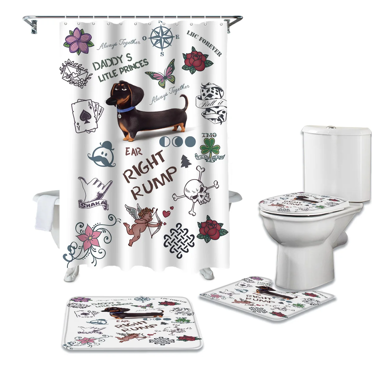 Bathroom Shower Curtain and Rug Sets Dachshund Flower Love Poker Compass Toilet Lid Cover Bath Mat Waterproof Shower Curtains