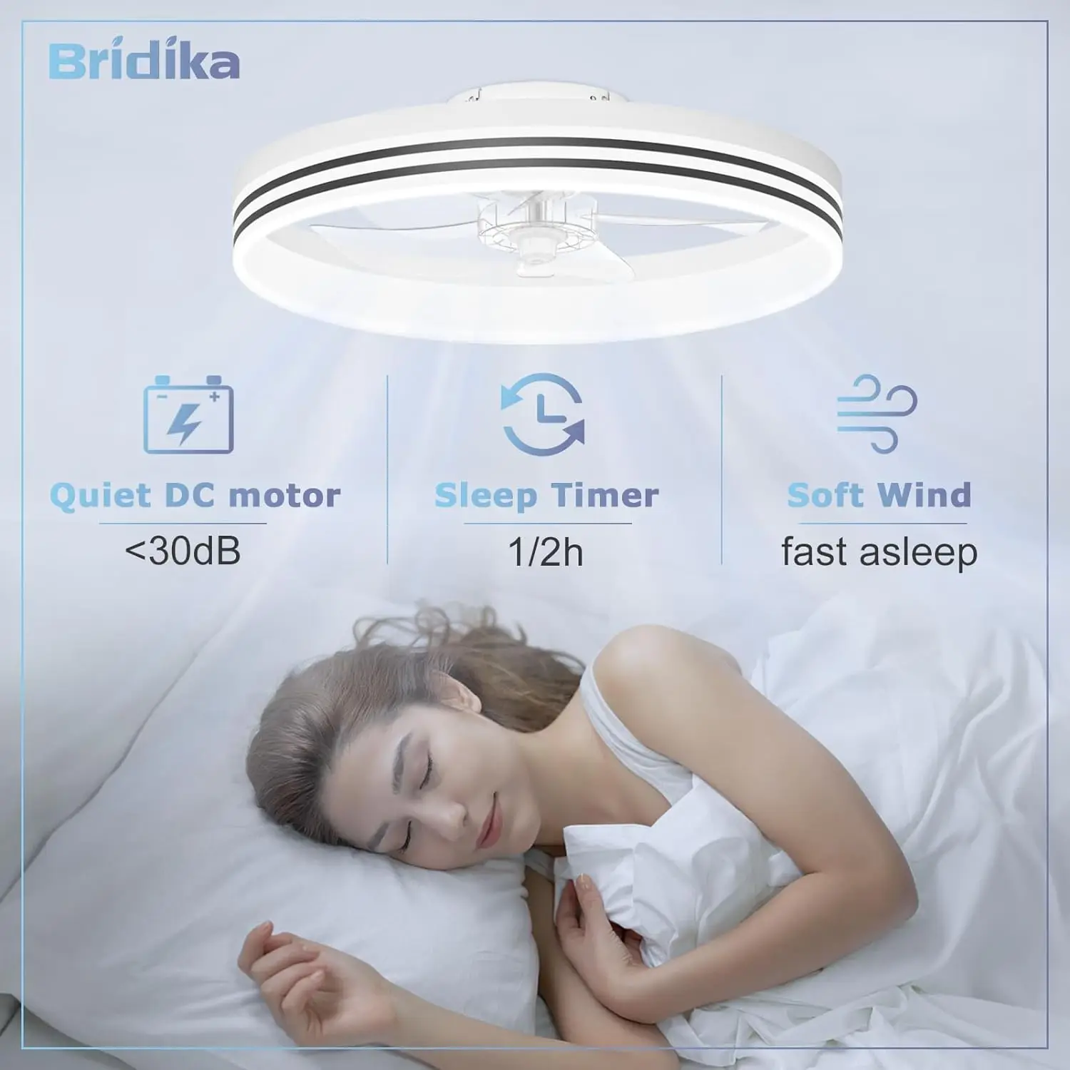 Bridika Flush Ceiling Fan With Light,19.7"" Modern Low Profile Bladeless Bedroom Ceiling Fan With Lights With 3 Color Dimmable