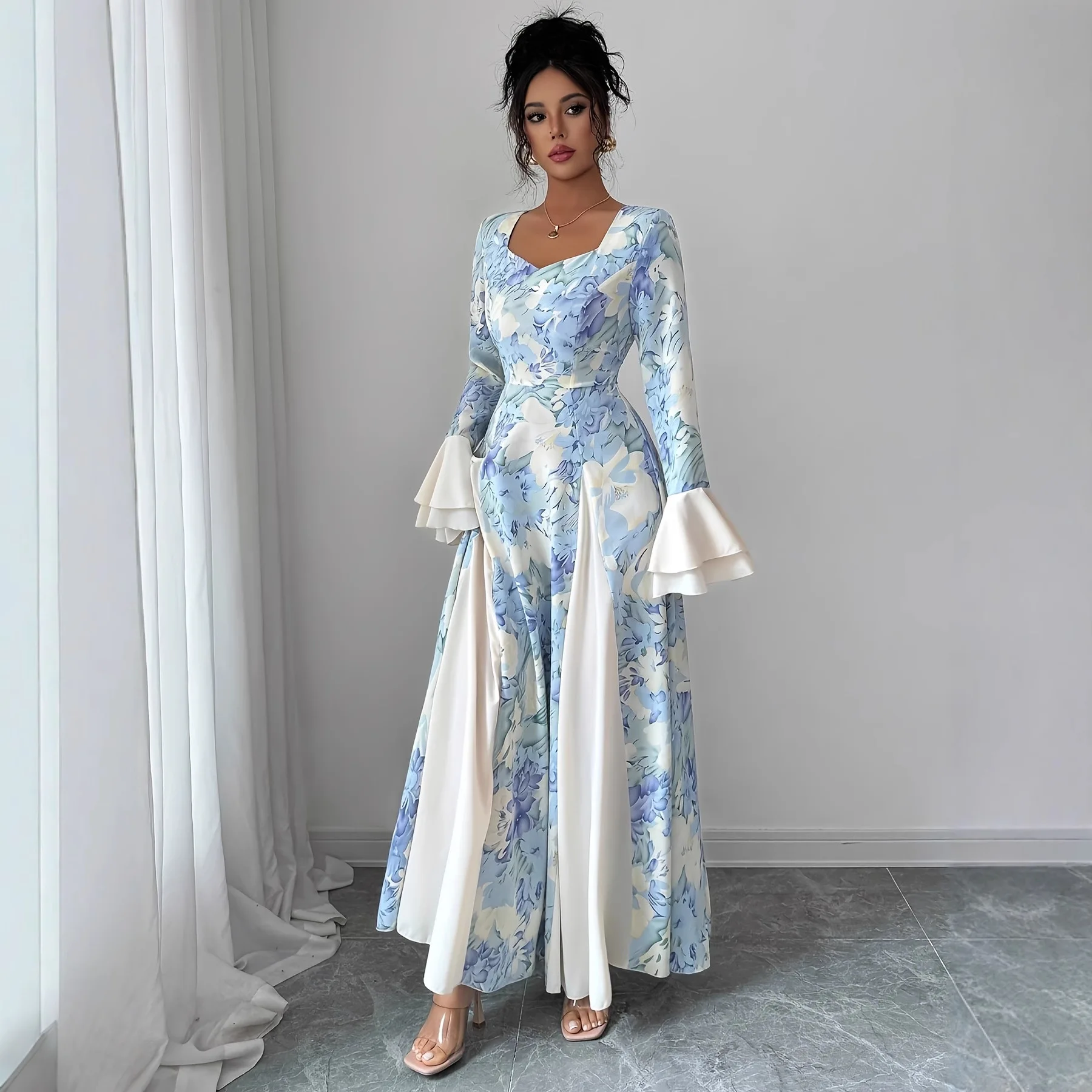 

2026 Elegant Court Style Square Neck Printed Flared Sleeve Waist Dress French Elegant Temperament Skinny Dress