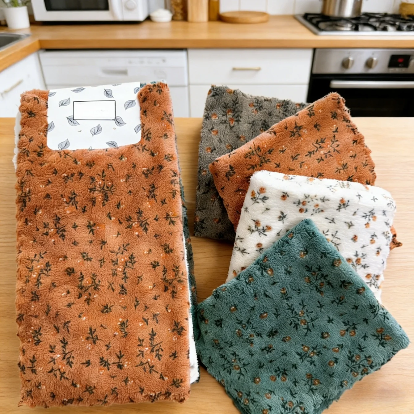 4Pcs Flower Dishwashing Towels Thickened Quick Drying Cleaning Cloth Reusable Soft Kitchen Bathroom Car Polishing Cleaning Rags