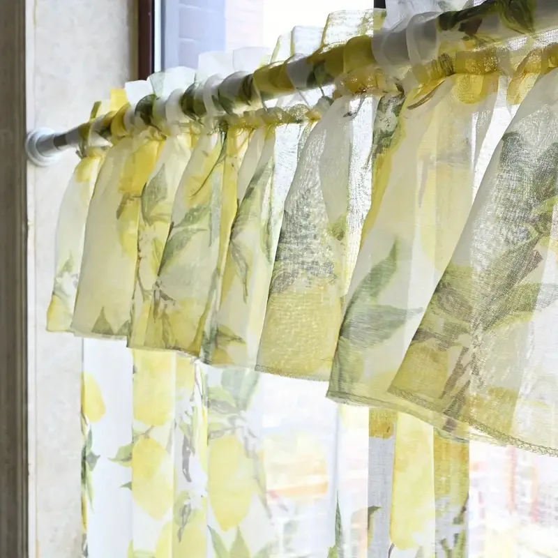 Pastoral Lemon Print Short Curtain Window Treatment Sheers for Living Room Kitchen Cabinet Decorative