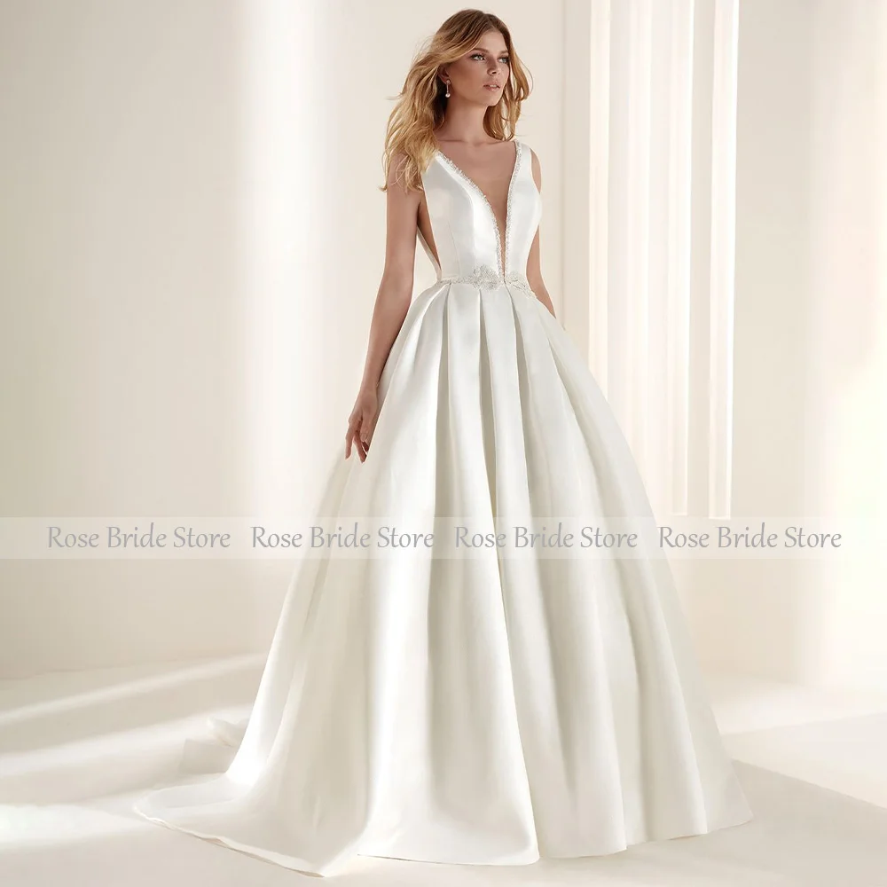 Satin Brautkleider für Frauen 2023 Braut Perlen tiefen V-Ausschnitt sexy Brautkleider rücken freie Applikation Elfenbein elegantes Brautkleid