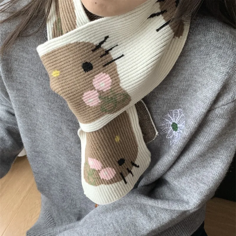 Cartoon HelloKitty Scarf Knitted Knitting Wool Warm Scarf Cute Double-sided Embroidery Kitty Cat Scarfs Autumn Winter Cold-proof