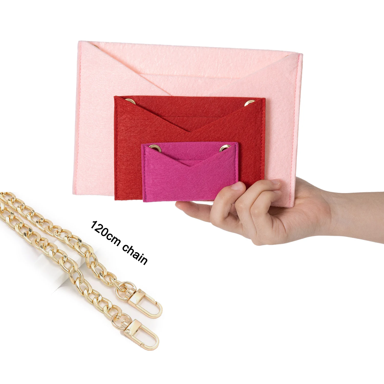 Custom Color Felt Organizer Insert Purse 3PCS 120cm Golden Chain Fit For Monogram Kirigami Pochette Set Envelope Inner Bag Liner