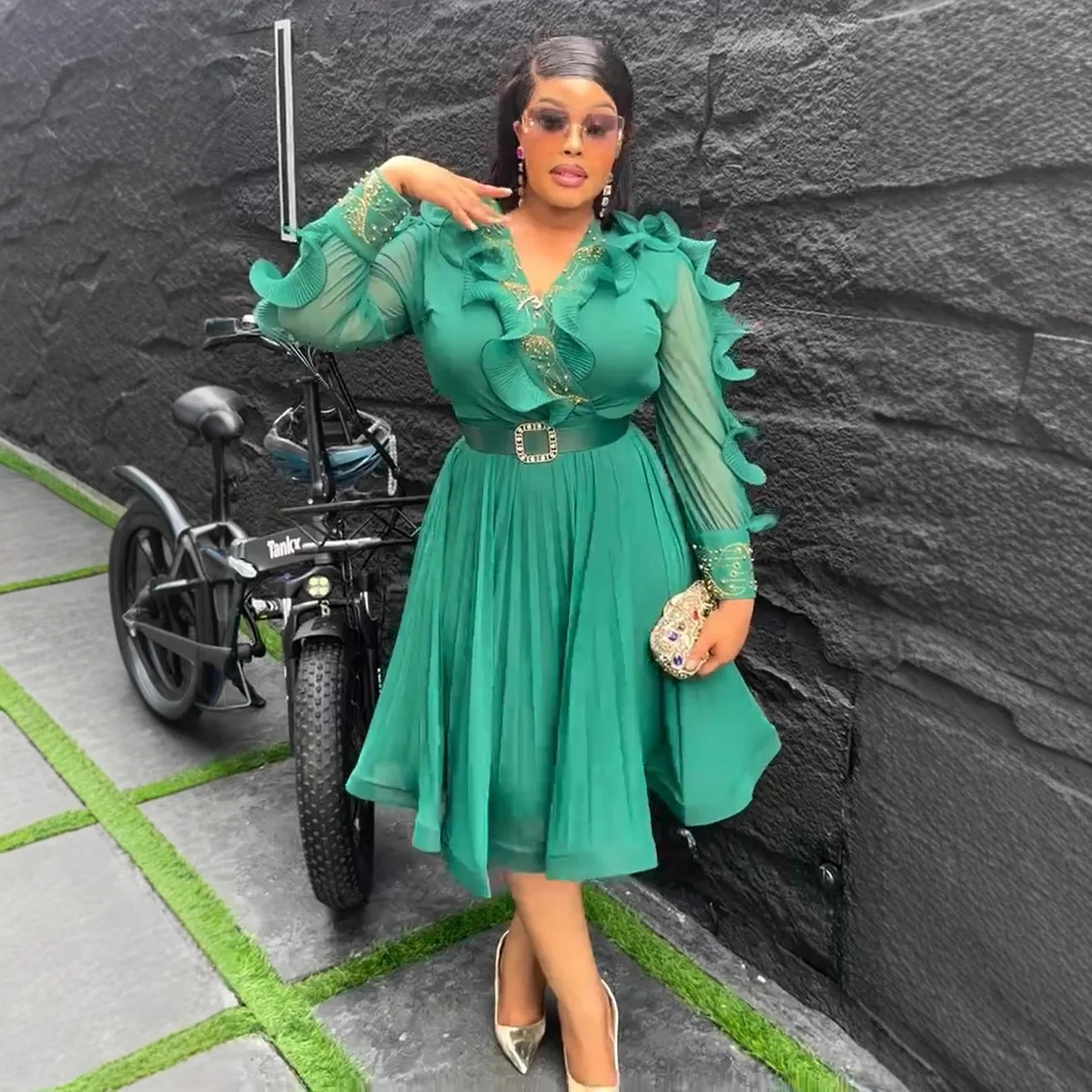 

2025 Summer Elegant Dresses V-Neck For Women Wedding Party Evening Gown African Dashiki Ankara Clothing Maxi Robes Ruffle Dress